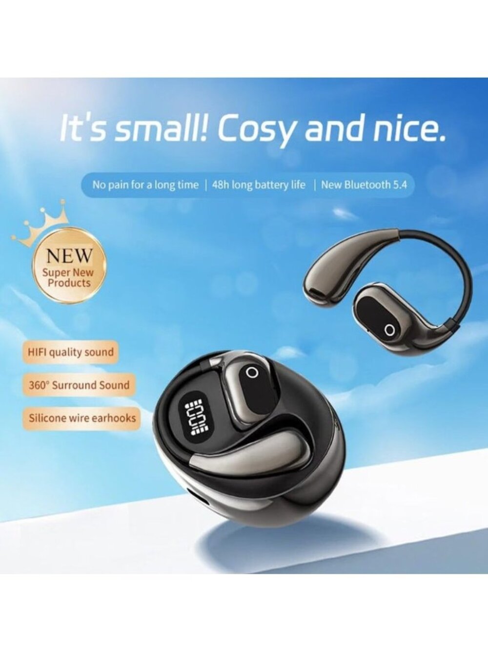 Bluetooth 5.4 Wireless Earbuds W/Silicone Ear Hooks HiFi Sound 48H Battery